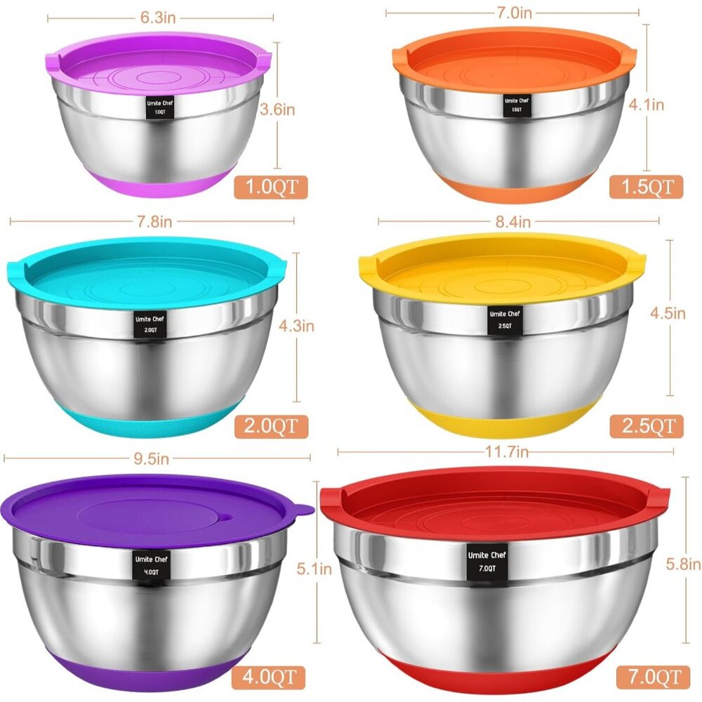 Mixing Bowls with Airtight Lids, 26Pcs Stainless Steel Bowls Set, 3 Grater Attac - Picture 2 of 7